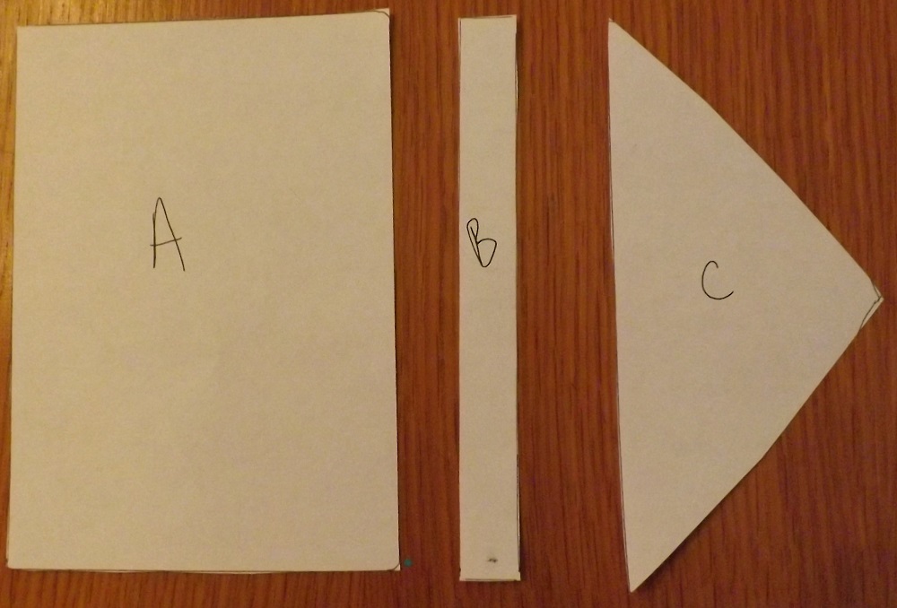 A large rectangle labeled A, a narrow rectangle labeled B, and a triangle labeled C.