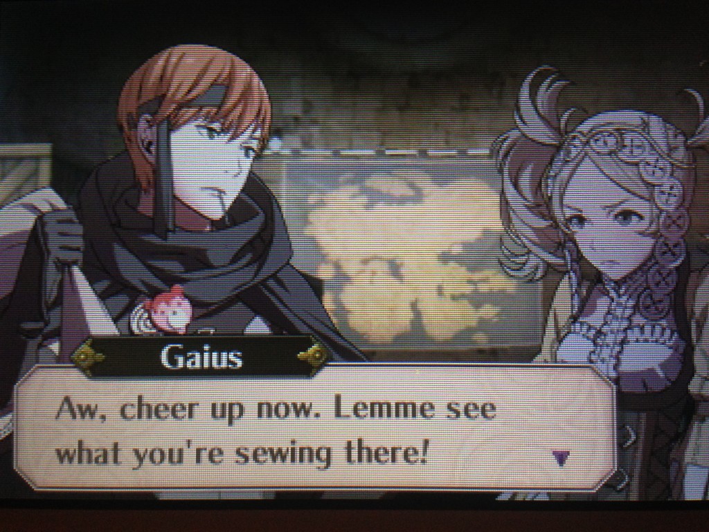 A screenshot from Fire Emblem Awakening. Gaius asks Lissa to see what she's sewing.