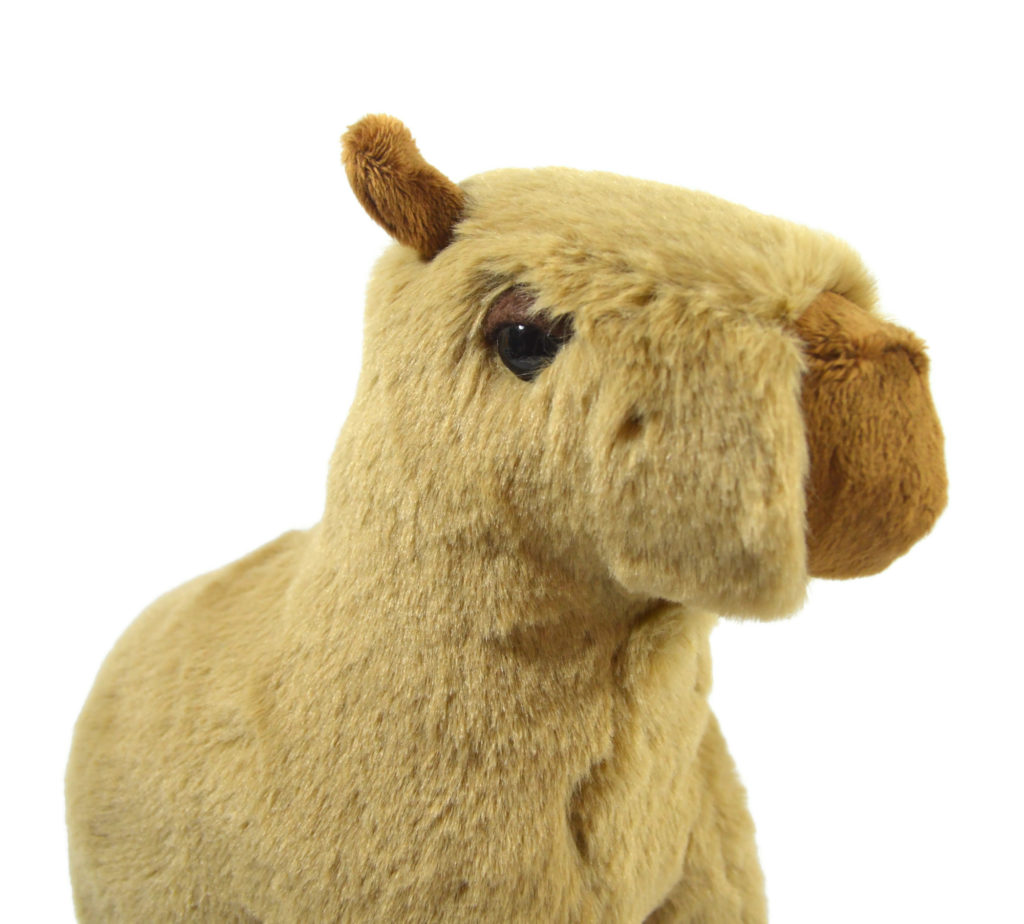 A closeup of the tan and brown capybara plush's face.